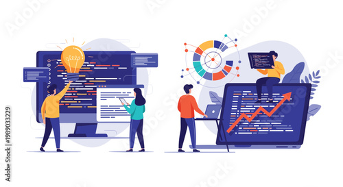 Software developers and data analysts work on programming and system optimization using large computer screens.