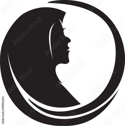 Abstract silhouette of a woman's profile within a crescent moon shape, symbolizing duality and femininity