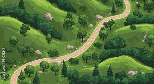 Top-down view of a winding road through lush green hills and forests creates a peaceful and scenic rural landscape.