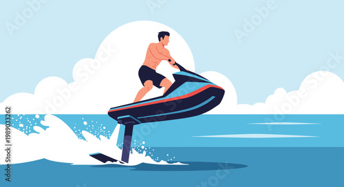 Man riding a high-speed jet ski across the ocean waves creates a sense of summer adventure and water sports fun.