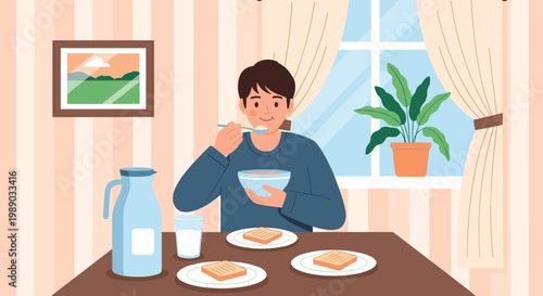Man enjoys a healthy breakfast of toast and cereal at a table in a bright, sunny room with a window and a plant.