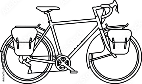 Line drawing of a bicycle with two saddlebags, perfect for travel or commuting