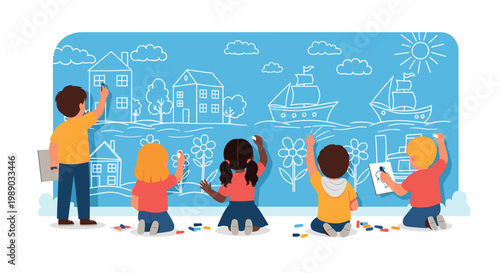 Group of diverse children works together to paint a large mural featuring houses and ships on a blue wall.