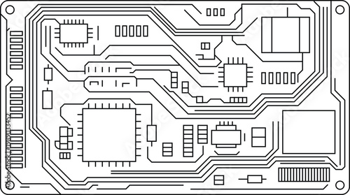 Electronic circuit board schematic with microchips and components, clean line art vector illustration