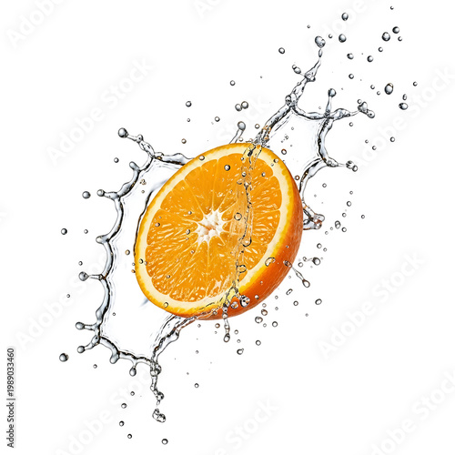 Orange slice with fresh water splash flow.