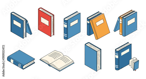 Isometric views of several books in blue, red, and yellow colors show various states like open, closed, and stacked.