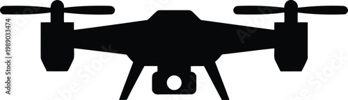 Black silhouette of a drone with four rotors on a white background for tech or aviation concepts