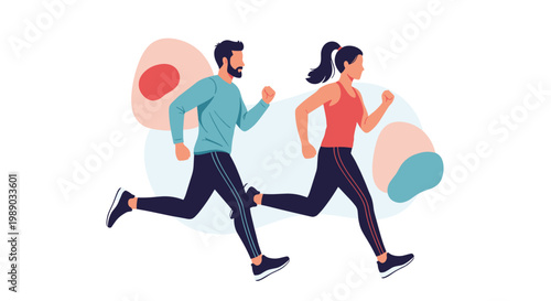 Man and woman enjoy a morning jog together in a minimalist flat design illustration with soft abstract shapes.