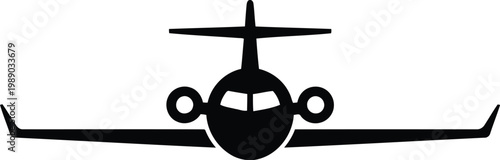 black silhouette of a small airplane flying straight ahead on white background