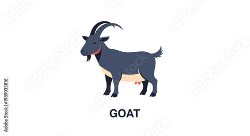 Simple flat illustration of a dark grey goat with curved horns includes the label GOAT in bold black letters below it.