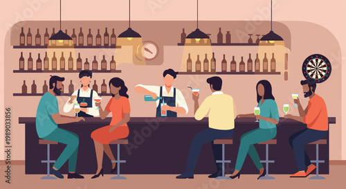 Social scene at a bar shows people sitting on stools, chatting, and drinking cocktails while a bartender serves.