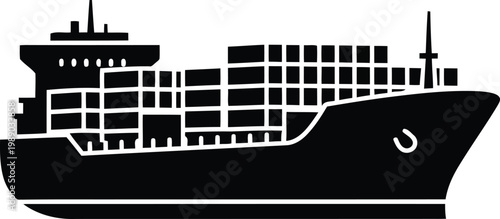 cargo ship silhouette, black and white illustration, container vessel, maritime transportation, logistics and shipping