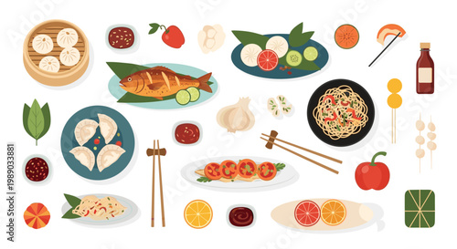 Large assortment of Asian cuisine dishes includes dumplings, noodles, fish, and various sauces on a white background.