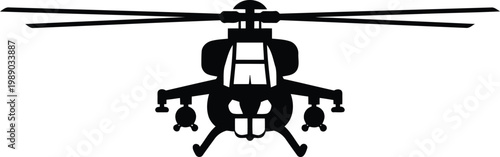 black silhouette of a helicopter with rotor blades on white background