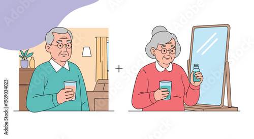 Elderly man and woman in separate frames drinking glasses of water while looking in a bedroom mirror at home.