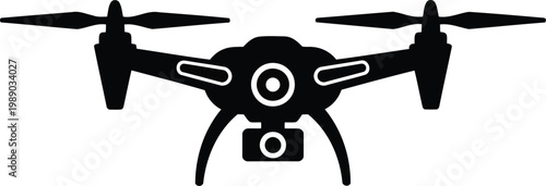 black drone icon with camera, modern aerial photography equipment, remote pilot technology
