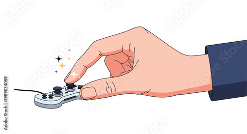 Close up of a human hand holding and pressing buttons on a tiny video game controller with decorative sparkles.