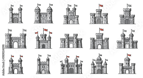 Comprehensive set of medieval castle icons and fortress symbols with towers, gates, and flags in a pixel art style.