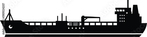 black silhouette of a large cargo ship or tanker on a white background for design and editorial use