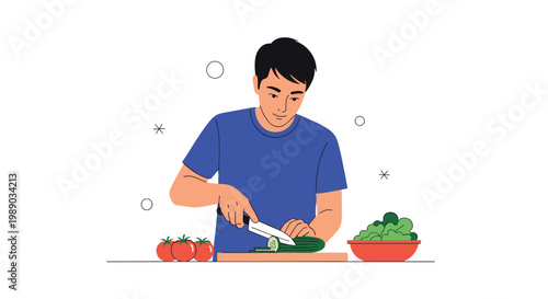 Young man wearing a blue shirt preparing a healthy meal by slicing a fresh cucumber on a wooden cutting board.
