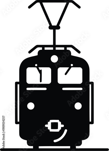 black silhouette of a vintage tram or trolley on a track
