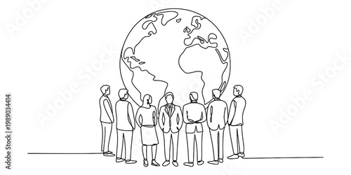 A group of professionals standing in front of a large globe representing global business unity Vector, illustration