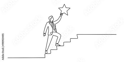 A continuous line drawing of a businessman climbing stairs to reach for a shiny golden star Vector, illustration