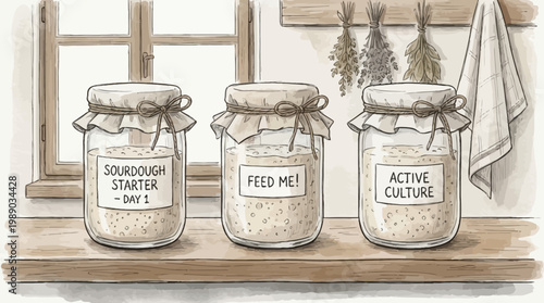 Hand drawn sourdough starter jars set. Rustic sketch style fermentation illustration with labels. Minimal neutral kitchen clipart for baking blogs, recipe cards, packaging, farmhouse decor. Vector