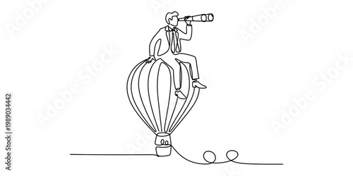 A continuous line drawing of a businessman sitting on a hot air balloon looking through telescope Vector, illustration