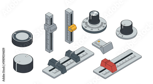 Variety of isometric audio mixer control elements including faders, knobs, and dials in grey, red, and orange.