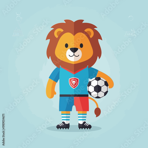 Cute Cartoon Lion Mascot Playing Soccer with a Ball.
