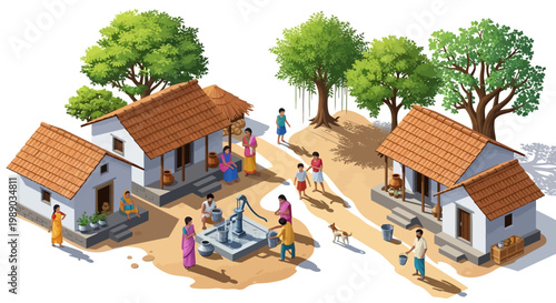 Overhead view depicts a rural Indian village scene focused on water conservation with people gathered around a hand pump, highlighting sustainable water use and awareness against a clean