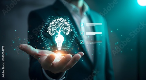 Businessman holding a glowing lightbulb containing an intricate tree structure represents a sustainable innovation and green business development concept within a professional corporate setting.