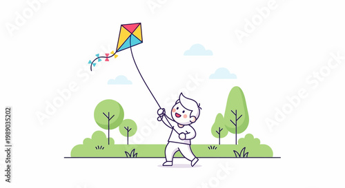 Child Playing with Colorful Kite Outdoors.