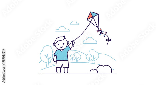 Boy flying colorful kite outdoors.