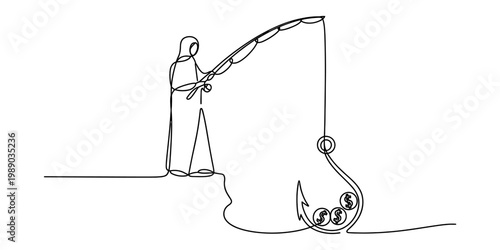 A single continuous line drawing of an arabian man fishing for money using a hook and line system Vector, illustration