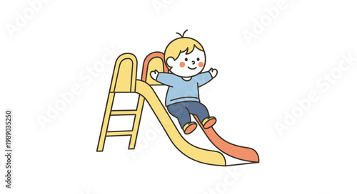 Happy child playing on slide outdoors.