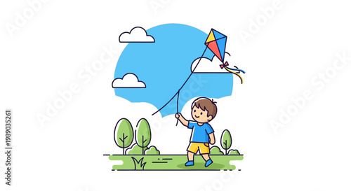 Boy Flying Colorful Kite Outdoors.