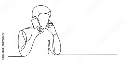 A continuous line drawing of a person talking on a mobile phone while gesturing with their hand. Vector, illustration