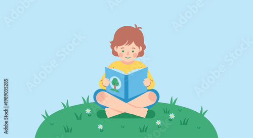 Boy sitting on grass reading book.