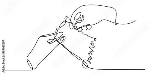 A single continuous line drawing of a person holding a hot glue gun for crafting and repair work. Vector, illustration
