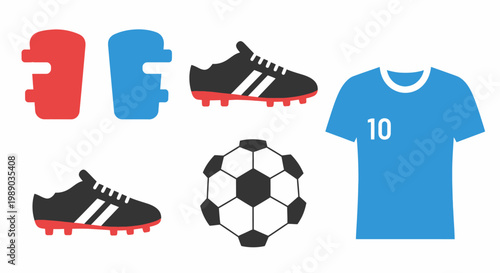 Soccer equipment collection with cleats ball shin guards and jersey.