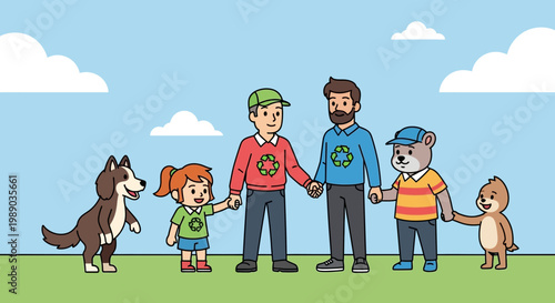 Two men, a girl, and two anthropomorphic animals holding hands with a dog nearby.