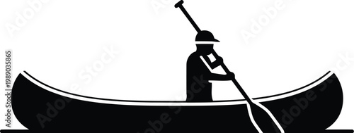 black silhouette of a person paddling a canoe with a paddle on white background