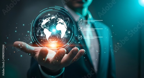 Businessman holding a glowing digital globe with interactive checklists represents global logistics, international trade, and modern strategic connectivity in a high-tech corporate environment.