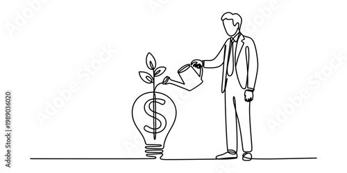 A single line drawing of a businessman nurturing a money tree growing inside a light bulb shape Vector, illustration