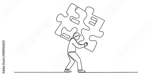 A line art illustration showing a person carrying a large and heavy puzzle piece on their back Vector, illustration