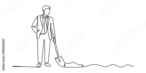A continuous line drawing of a businessman standing confidently while holding a sturdy shovel Vector, illustration