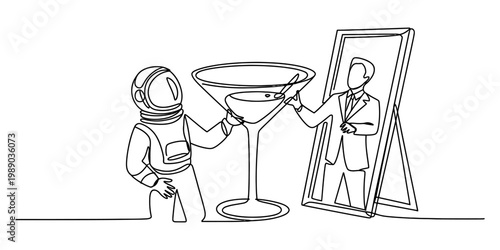 A surreal continuous line drawing of an astronaut standing beside a businessman in a mirror Vector, illustration