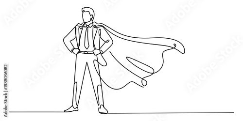 A single continuous line drawing of a confident businessman wearing a flowing superhero cape. Vector, illustration